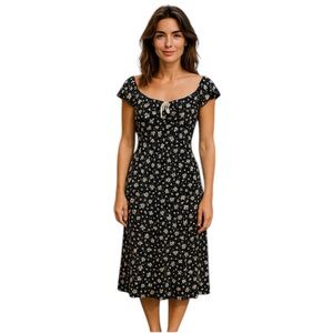 Luna Chix Black Floral Smocked Midi Dress Size Large Boho Cottagecore